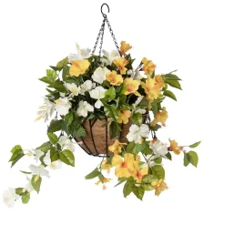 Yellow and white hibiscus outdoor hanging flower basket, 24 x 22″