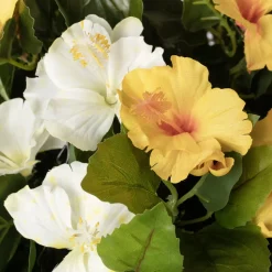 Yellow and white hibiscus outdoor hanging flower basket, 24 x 22″