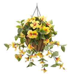 Yellow hibiscus outdoor hanging flower basket, 24 x 22″