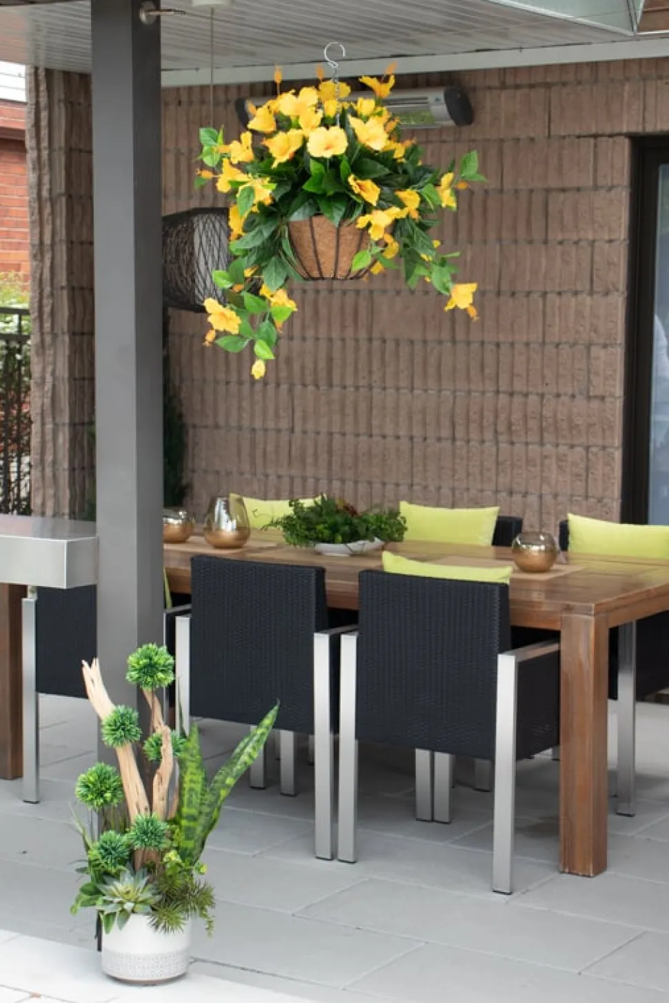 Yellow hibiscus outdoor hanging flower basket, 24 x 22″